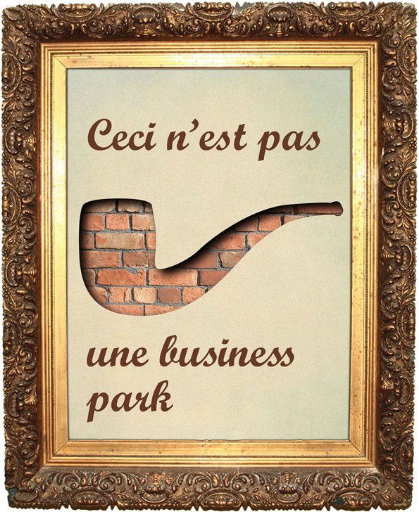 Paintworks marketing board from 2004, pastiche of Magritte, reads "Ceci n'est pas une business park"