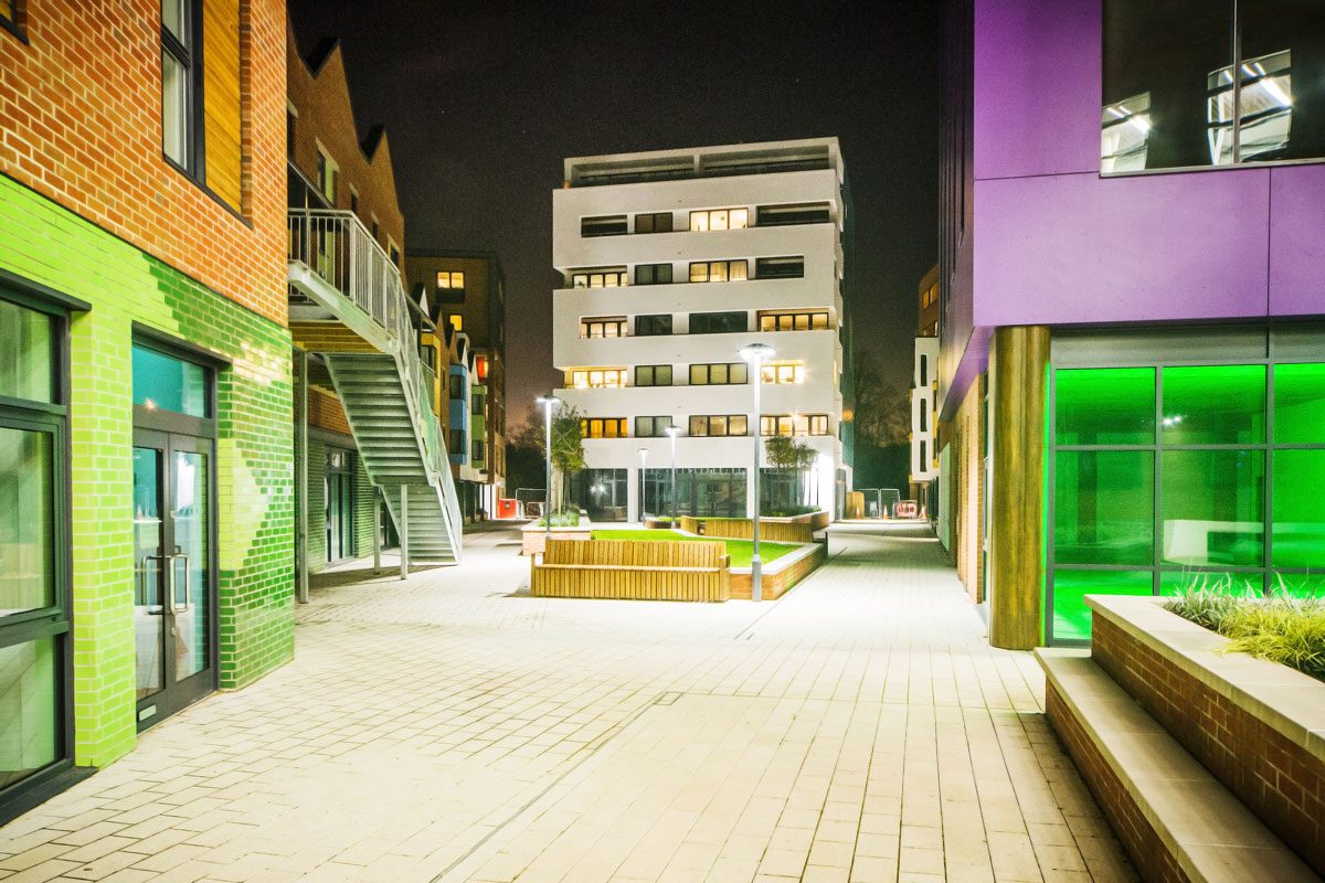 View across Phase 3 piazza at night, 